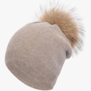 Women's Real Fur Pom Pom Cashmere Wool Blend Slouchy Kit Beanie - Khaki